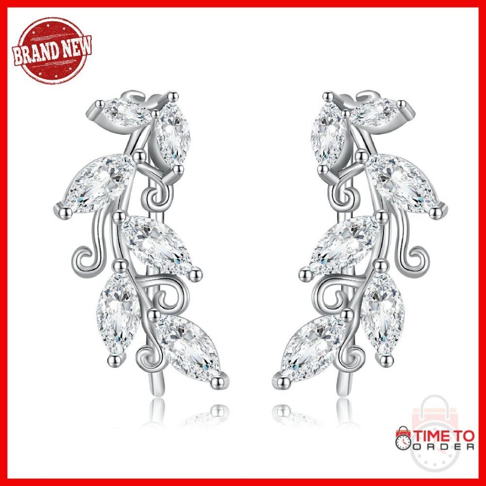 Sterling Silver Leaf Ear Climbers Earrings - 925 Silver Cartilage Jewelry
